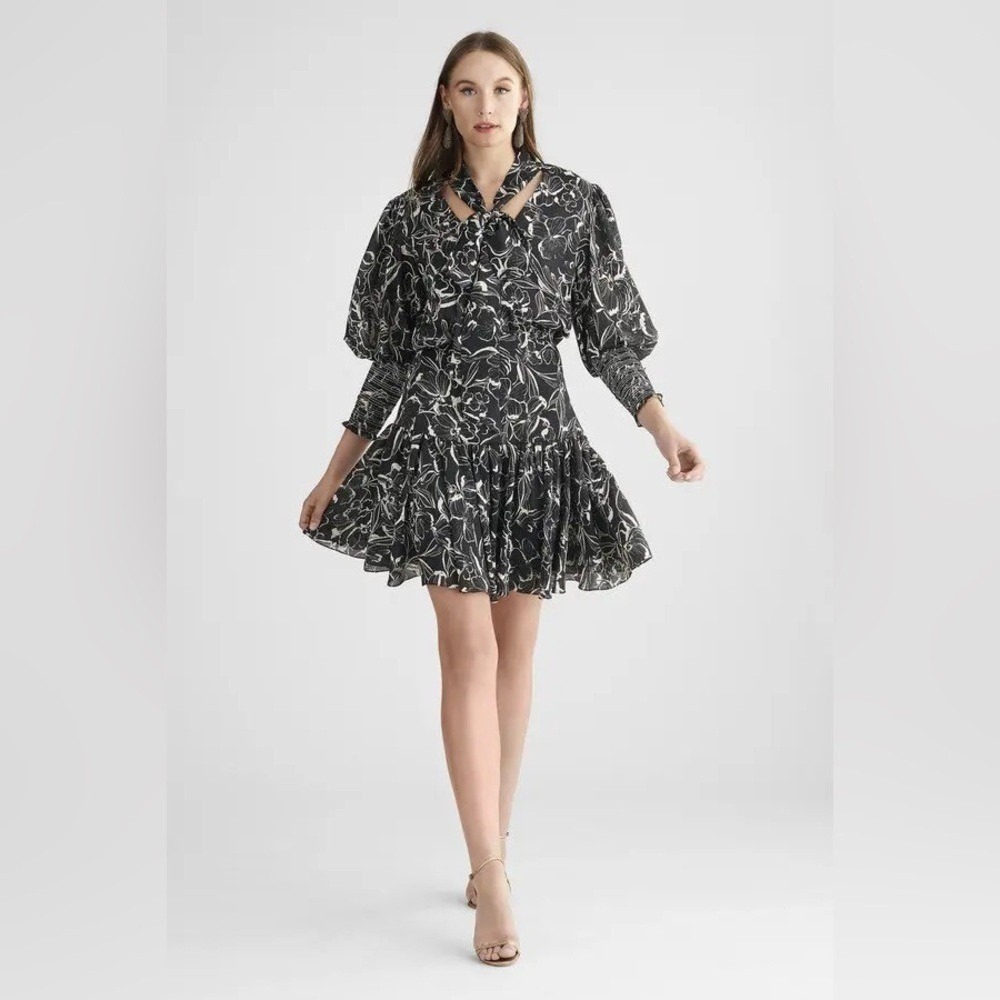 Sachin & Babi NWT Terri Dress Blackβ Printed Chiffon Tie Neck Dress- Size 10